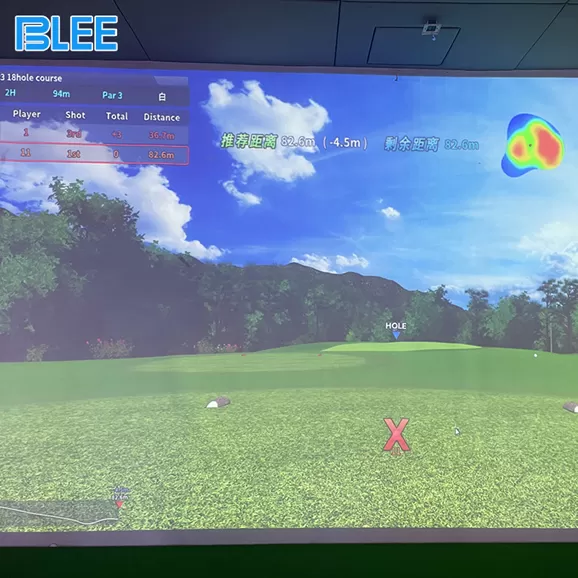 indoor golf simulator screen showing golf course